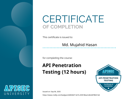 API Penetration Testing certificate – Mujahid Hasan