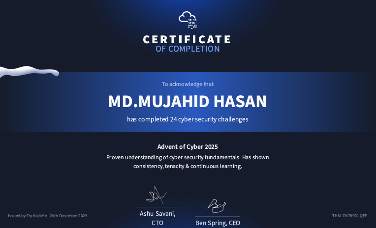 Advent of Cyber 2025 certificate – Mujahid Hasan