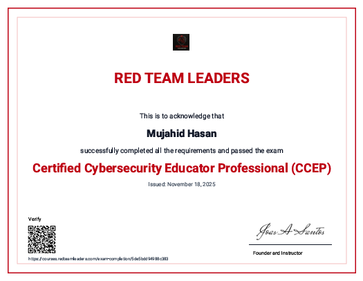 Certified Cybersecurity Educator Professionals certificate – Mujahid Hasan
